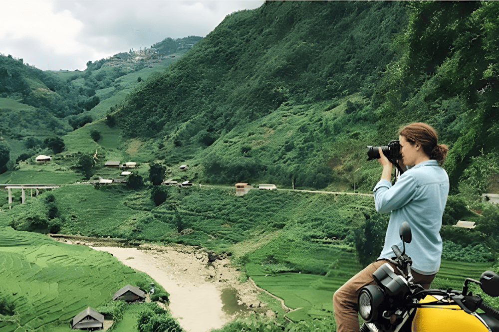 The scenic mountain road journey to Muong Hoa Valley offers stunning countryside views but requires experienced motorcycle riding skills
